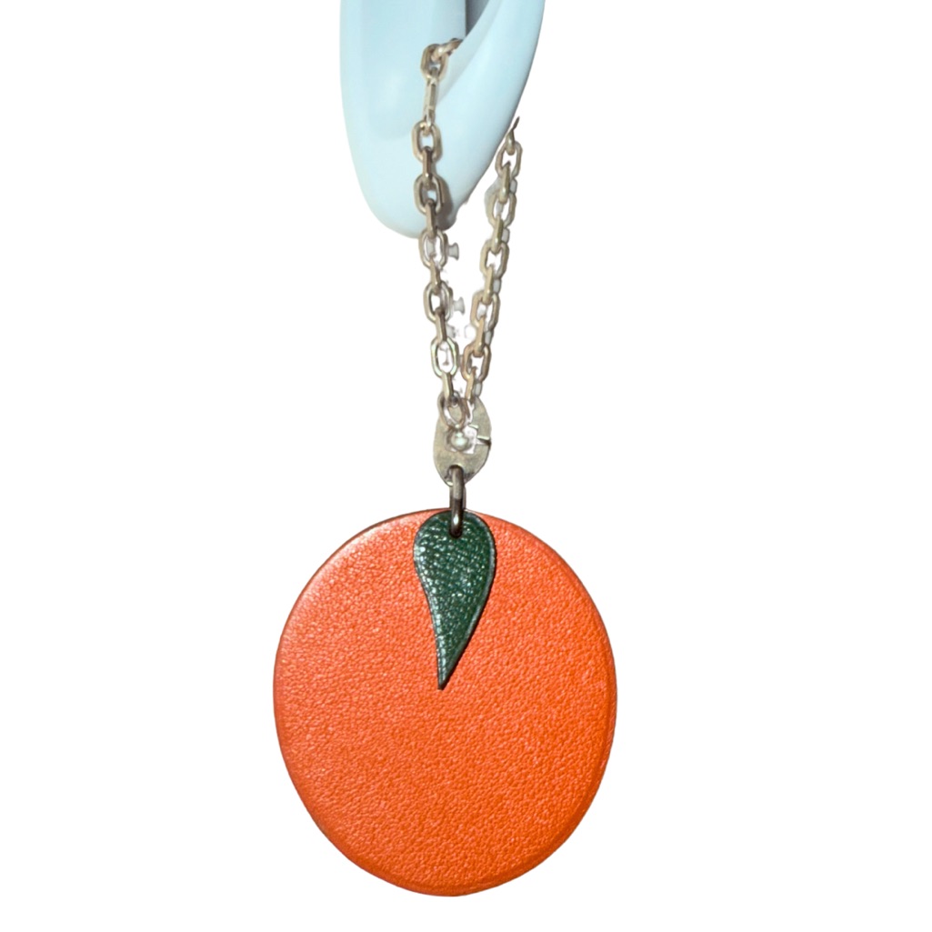 Hermes Paris Authentic Fruit Motif Orange Bag Charm With Sterling Silver Chain